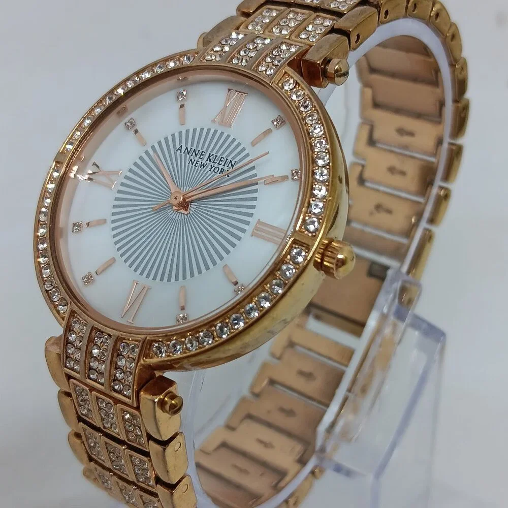 Anne Klein 12/2286 Women's 34mm Rose Gold Tone Crystal Accent MOP Dial Watch